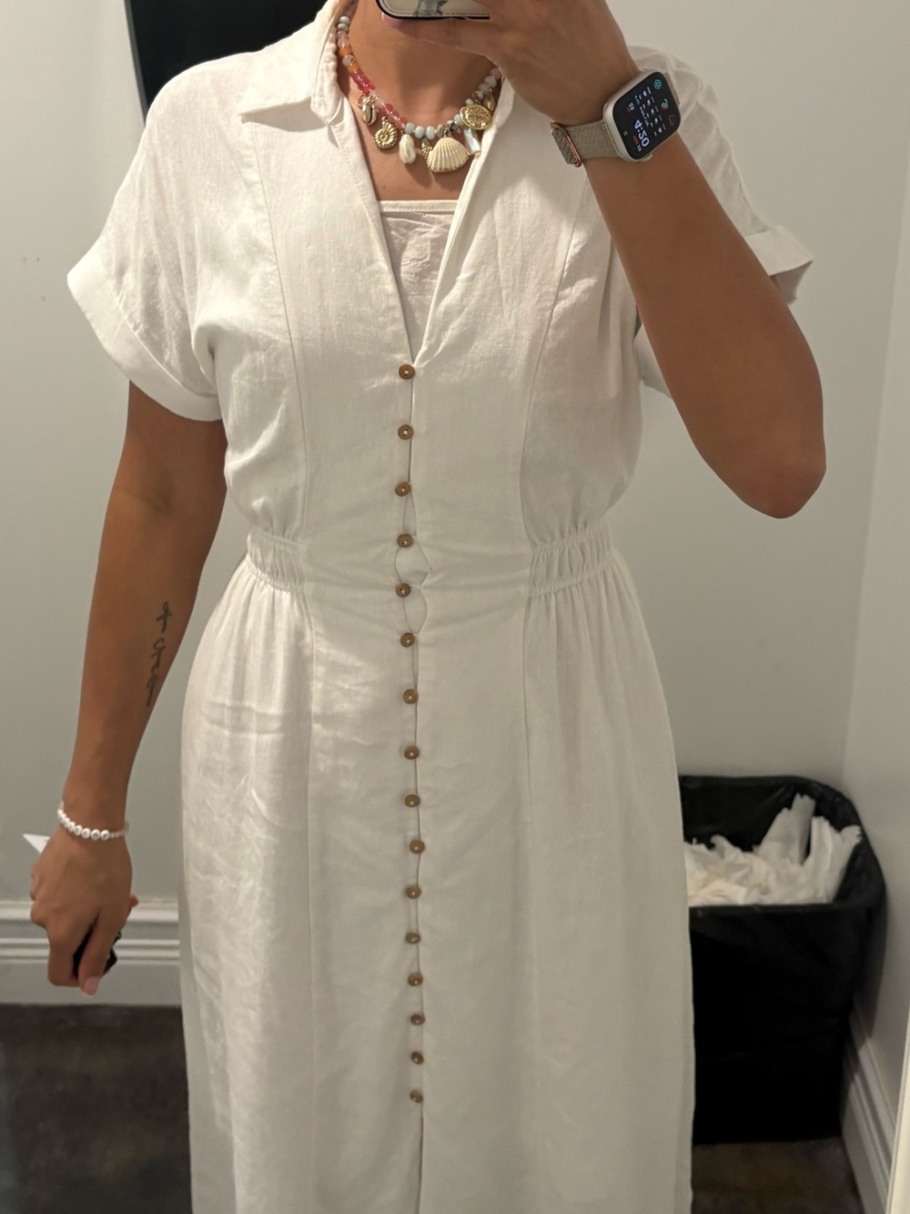 Zara White Button-Front Linen Maxi Dress with Waist Detail